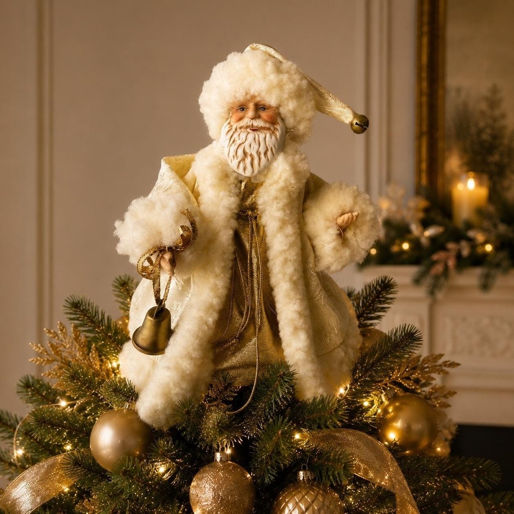 Ivory Gold Santa Tree Topper Wool Old World Victorian Christmas Decor Vintage